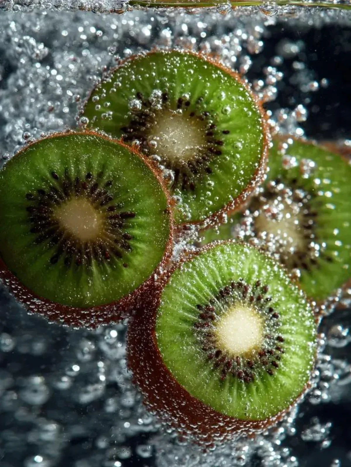 A Modern Kiwi Slices in Sparkling Water with Macro Detail
