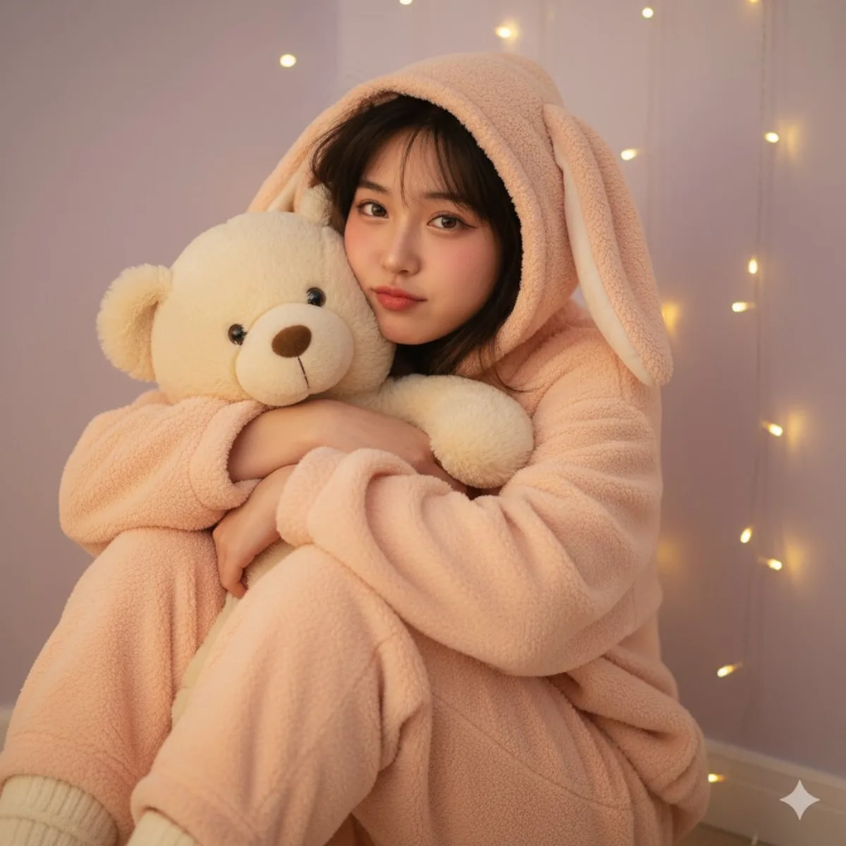 淡桃粉色宽松毛绒睡衣女孩：进阶诠释
