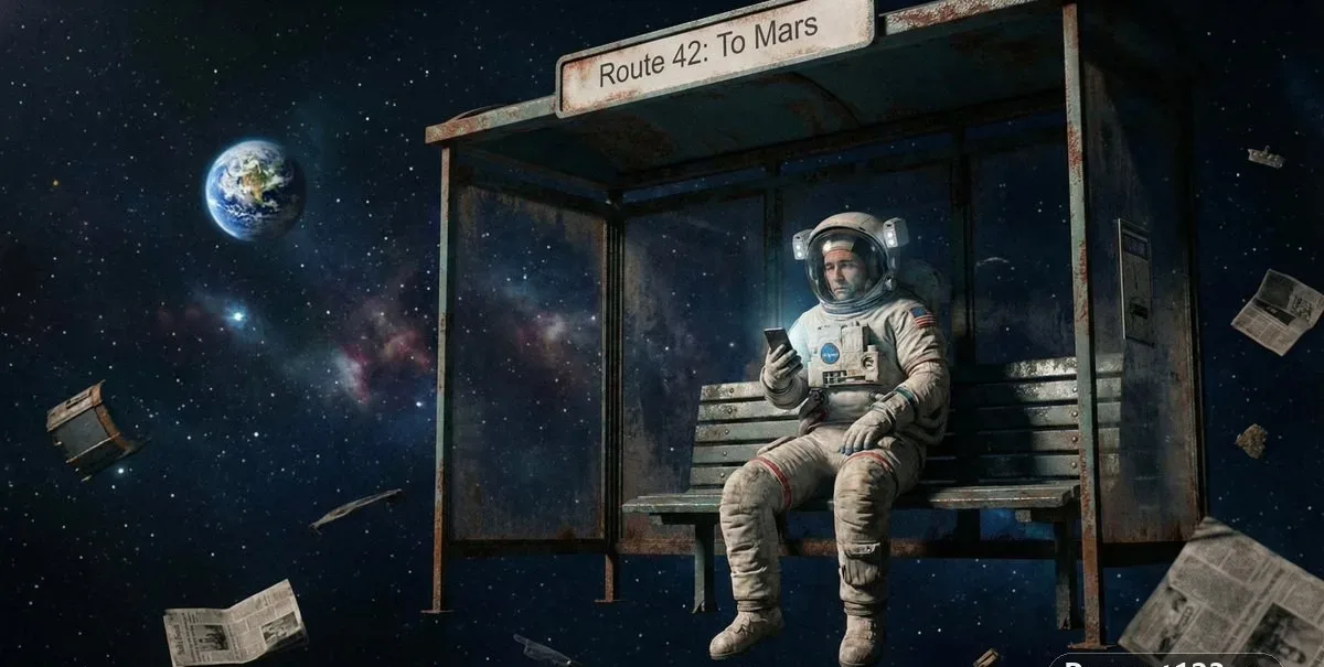 A Theatrical Shot Of A Lonely Astronaut Sitting