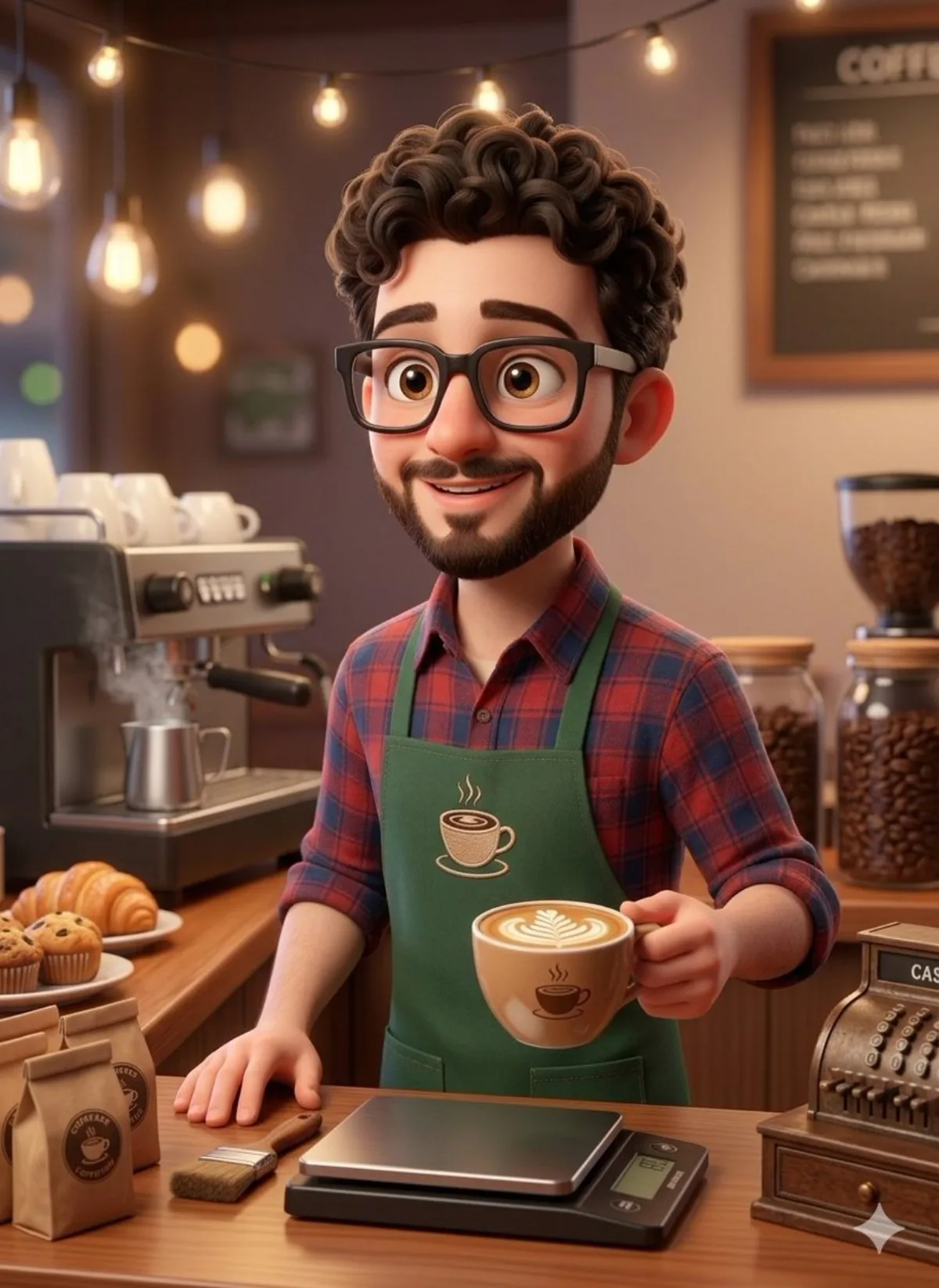Friendly Barista in Cozy Coffee Shop, Pixar Style