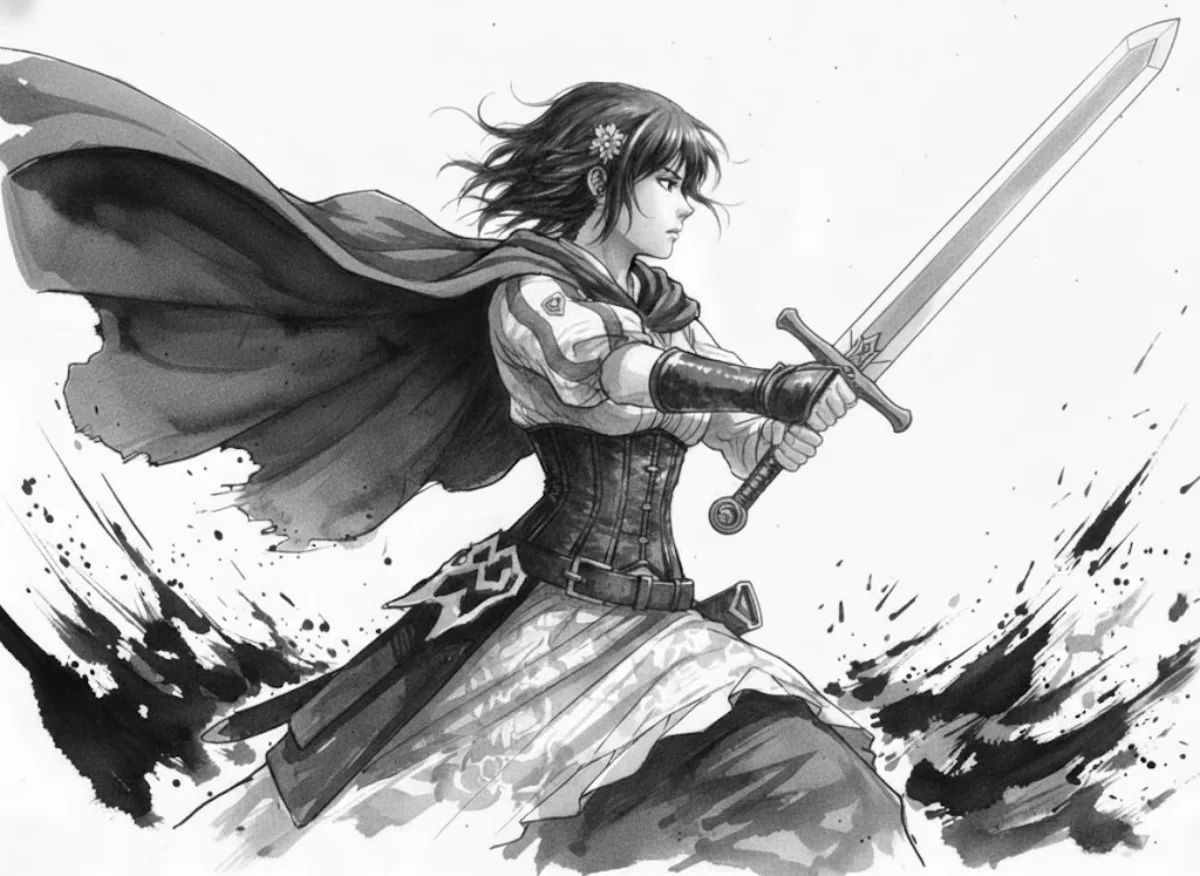 Sumi-e Abe-chan side-view with sword (repeat): A Hero Take