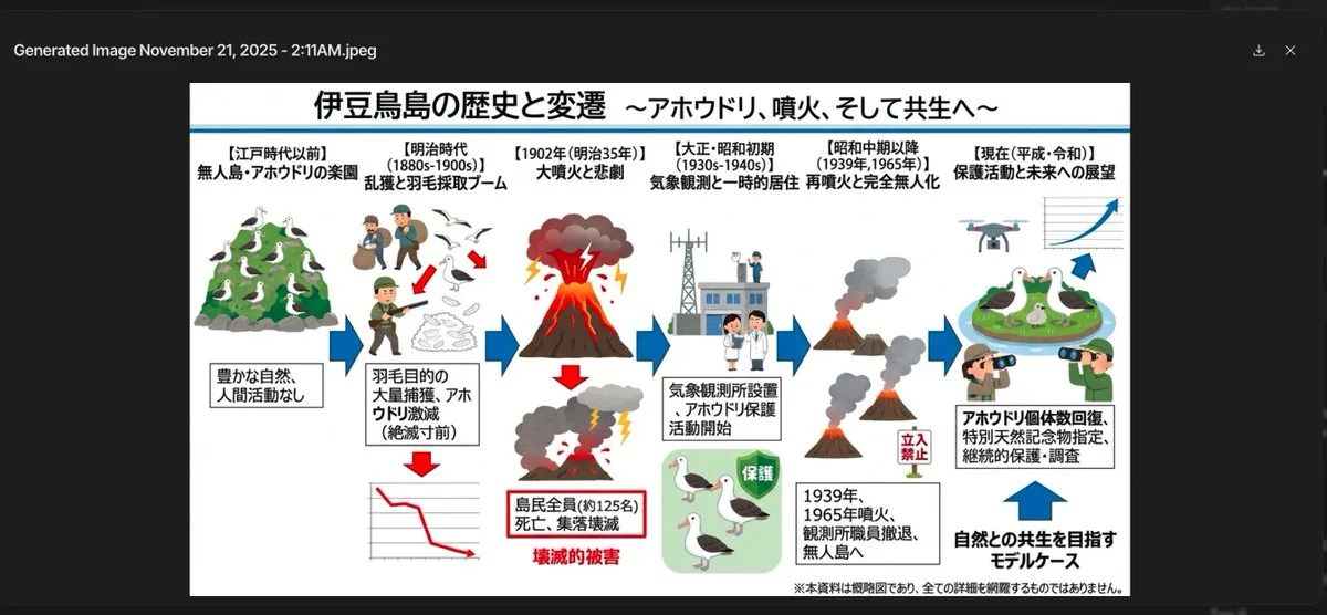 Kasumigaseki-style infographic of Izu Torishima history