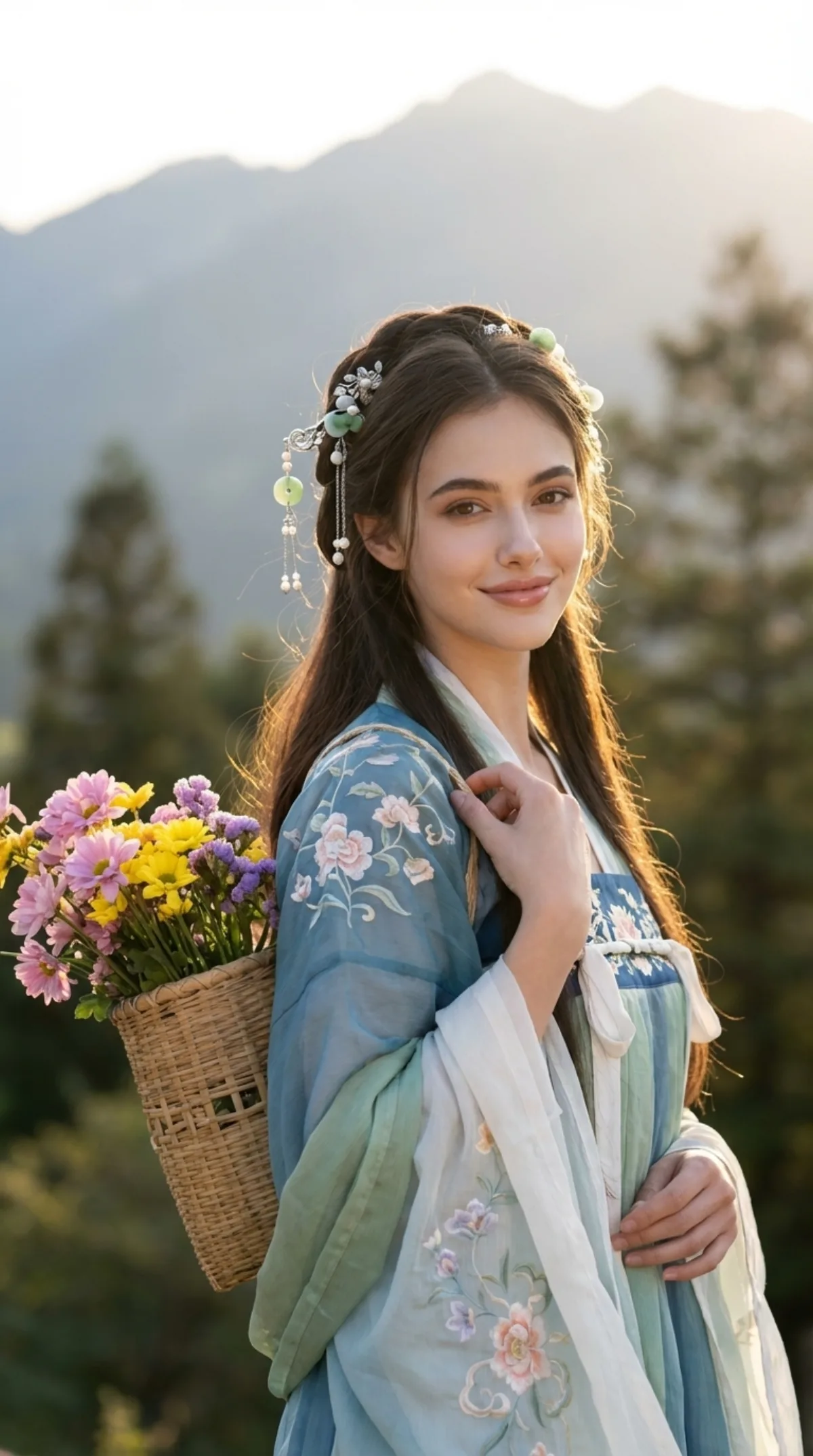 超写实汉服人像，手提花篮（格调风格）