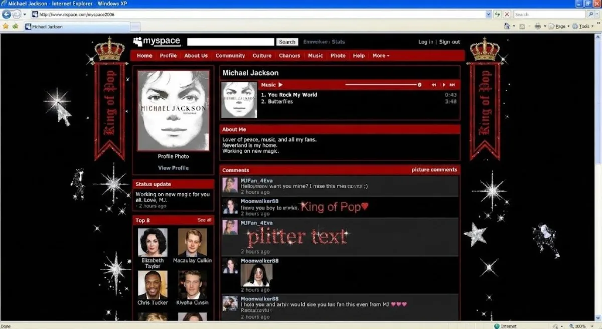 Screenshot of a celebrity’s MySpace page