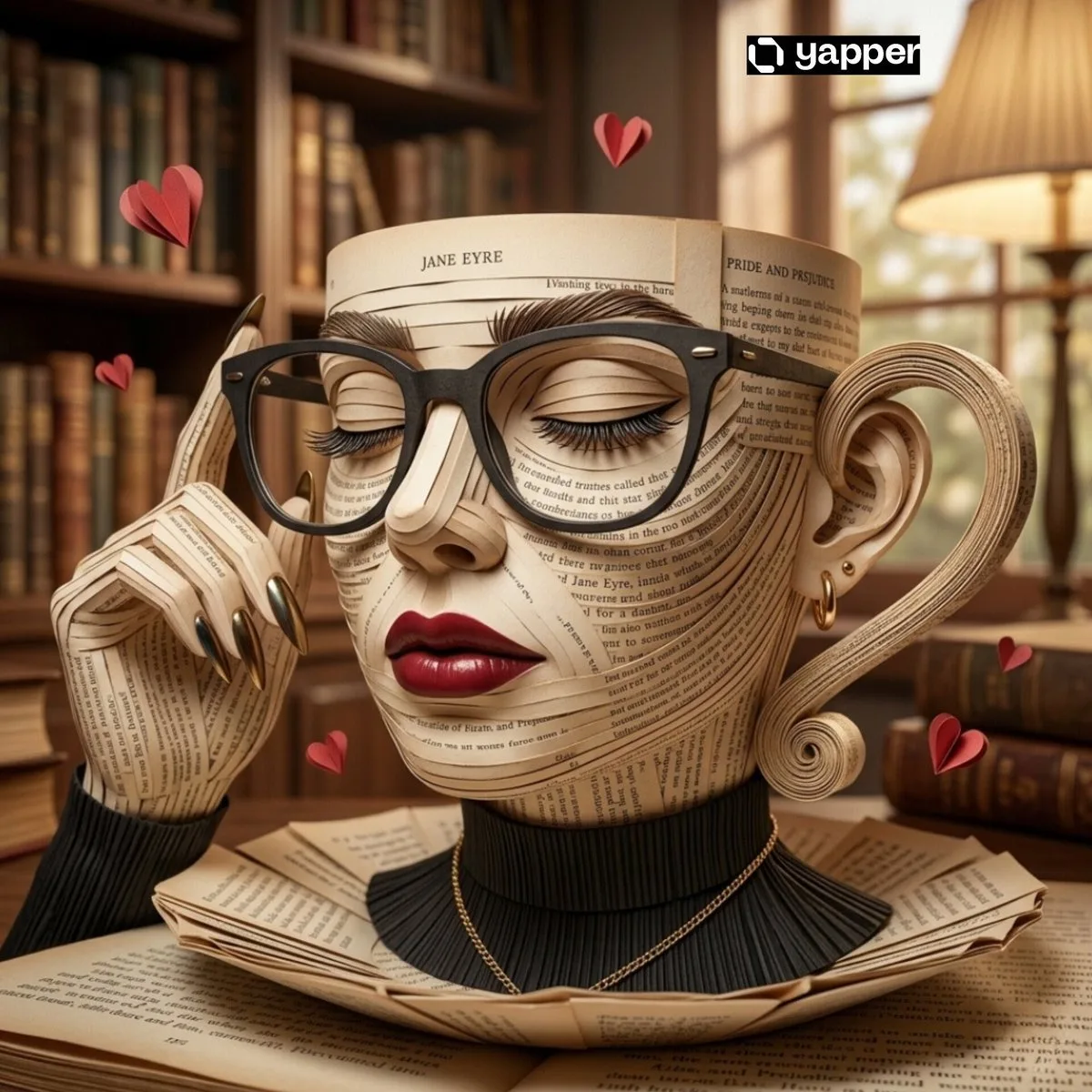 Surreal Coffee Cup Made of Book Pages in Library - Hero Style
