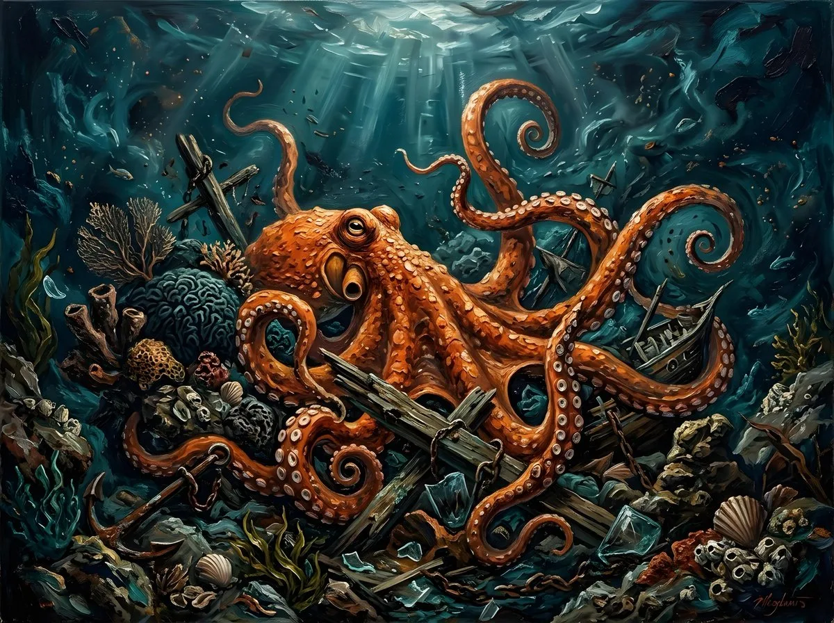 Vibrant Orange Octopus Oil Painting Underwater Scene