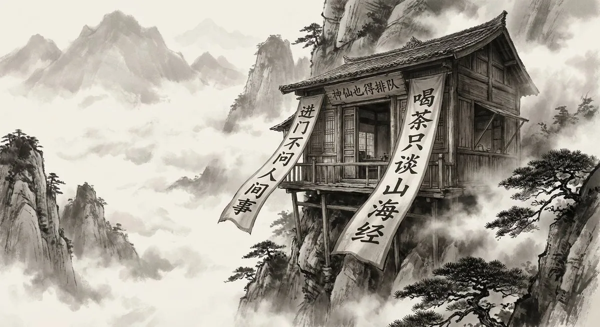 Ancient teahouse on a misty cliff with playful couplets