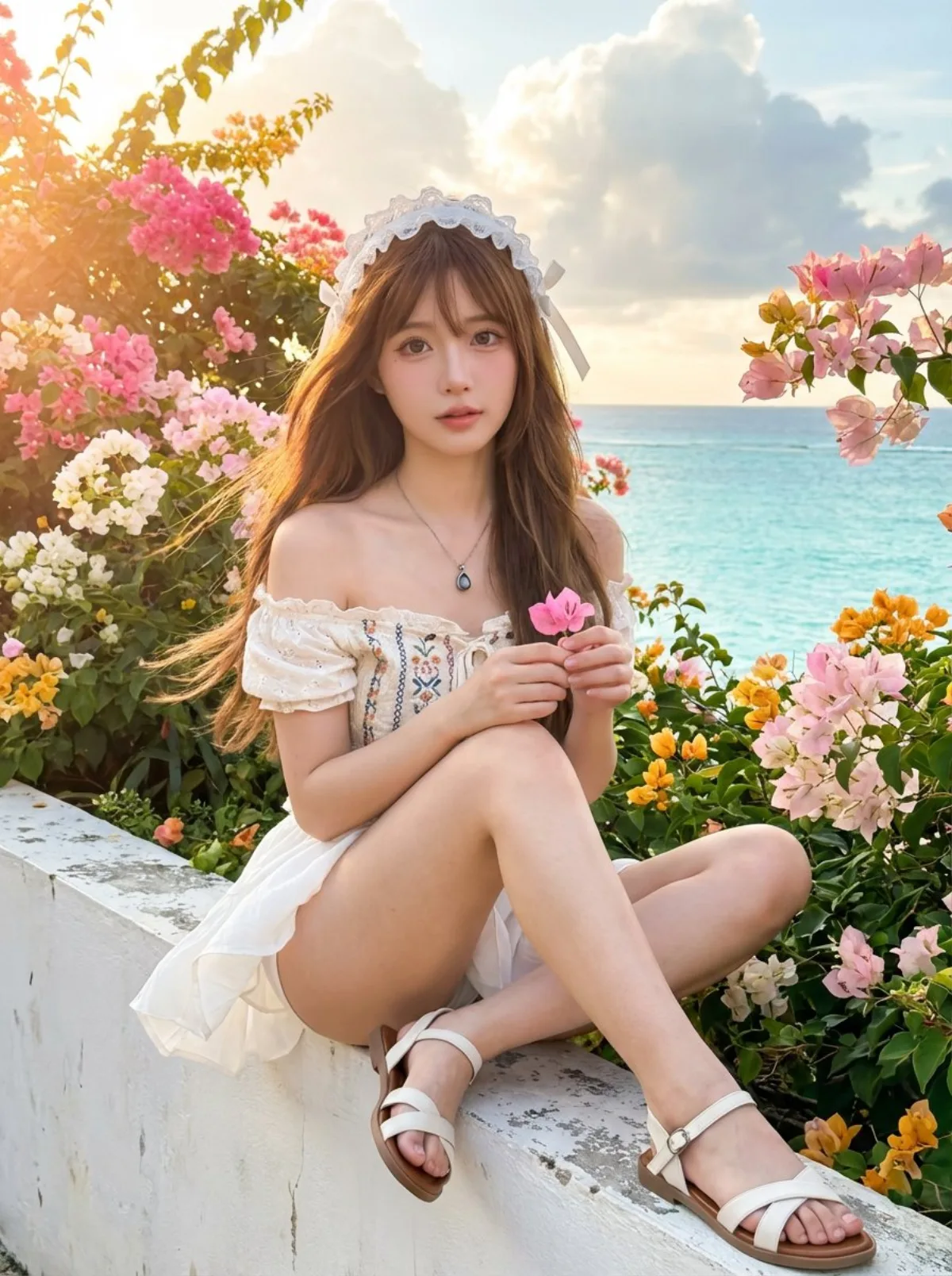 Dreamy Girl in Seaside Garden