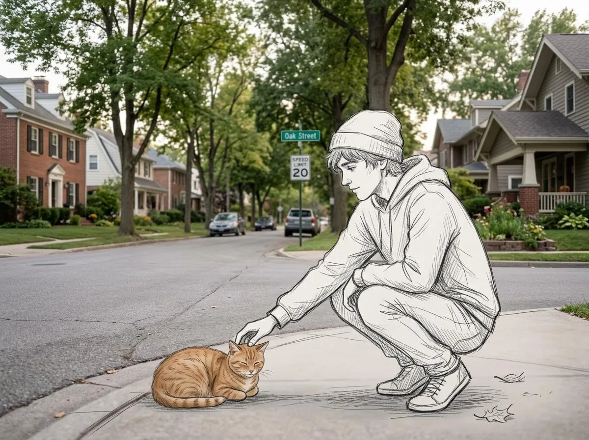 Sketch Character Petting Cat on Residential Street: A Modern Take