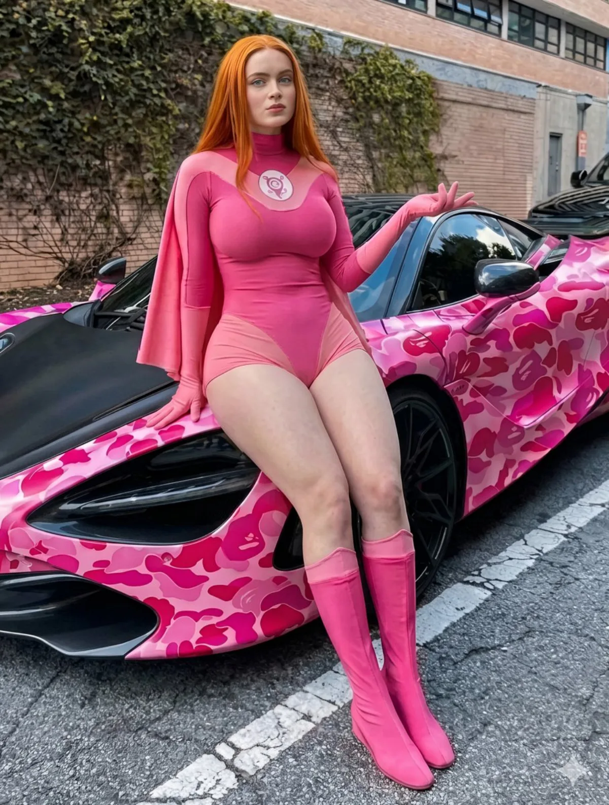 Woman in Pink Superhero Suit with Sports Car: A Refined Take