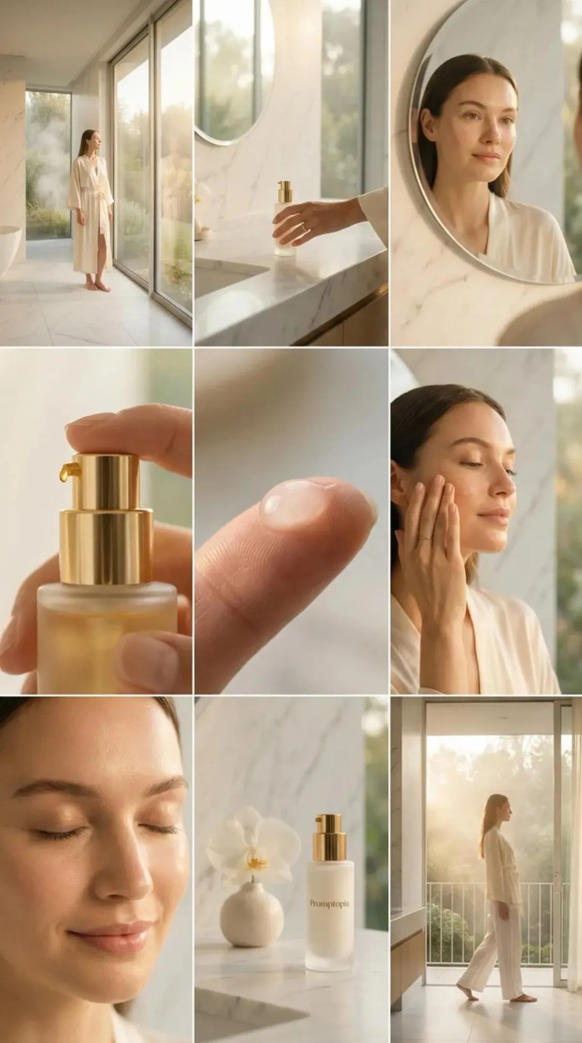 Multi-Angle Collage of Woman Using Skincare Serum in Luxurious Bathroom