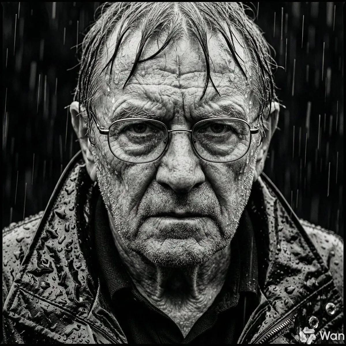 Weathered Elderly Male in Downpour, Monochrome Portrait (Hero)