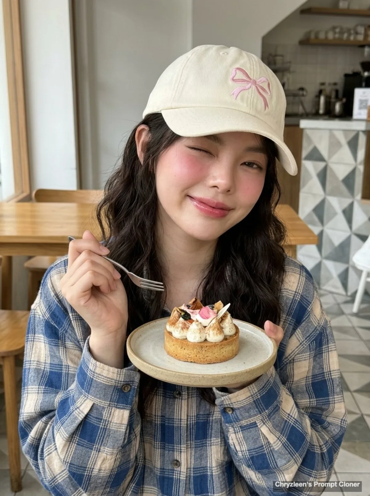 Young Woman in Cafe with Dessert