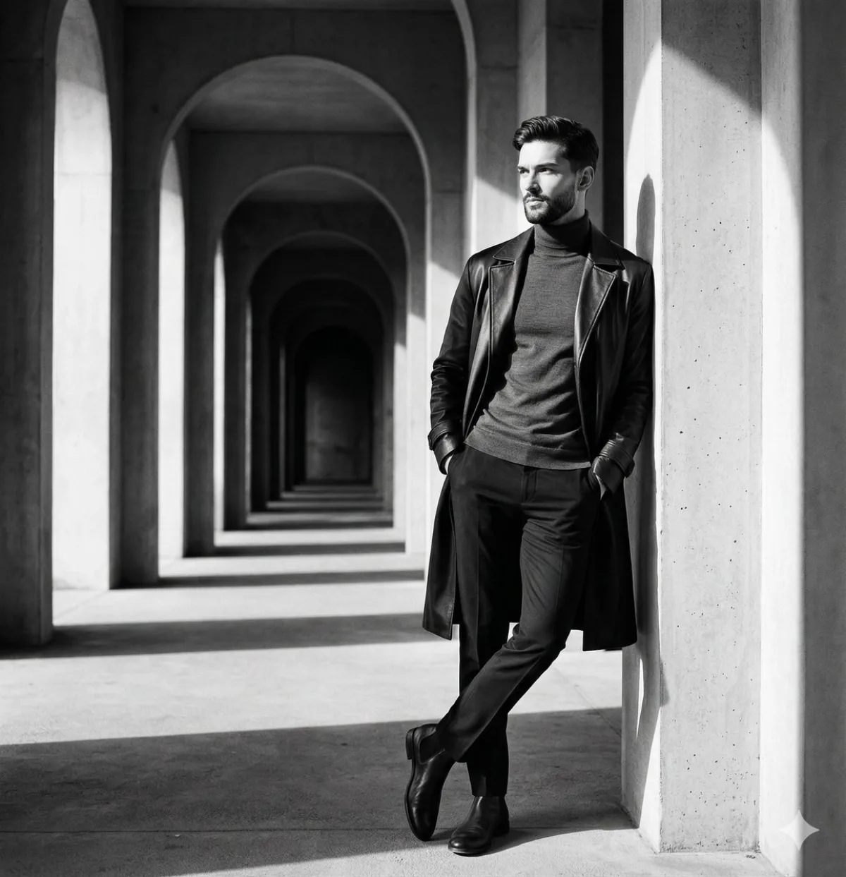 Cinematic Black and White Editorial Portrait in Colonnade：工作室级诠释