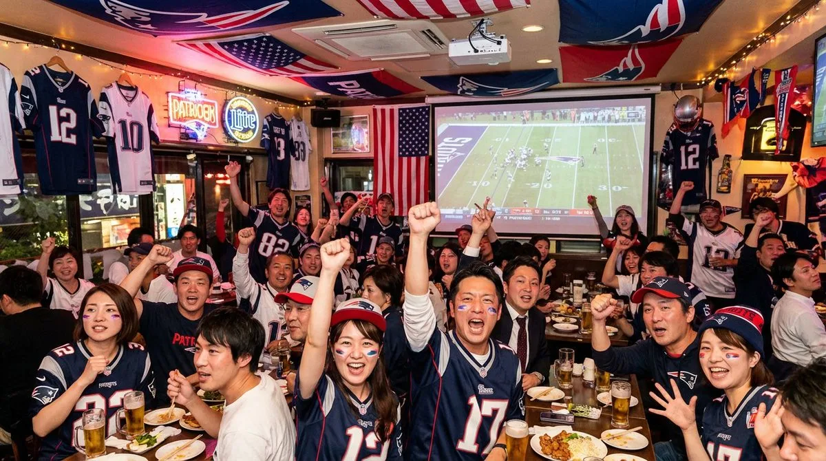 Image of Japanese NFL fans cheering for the Patriots