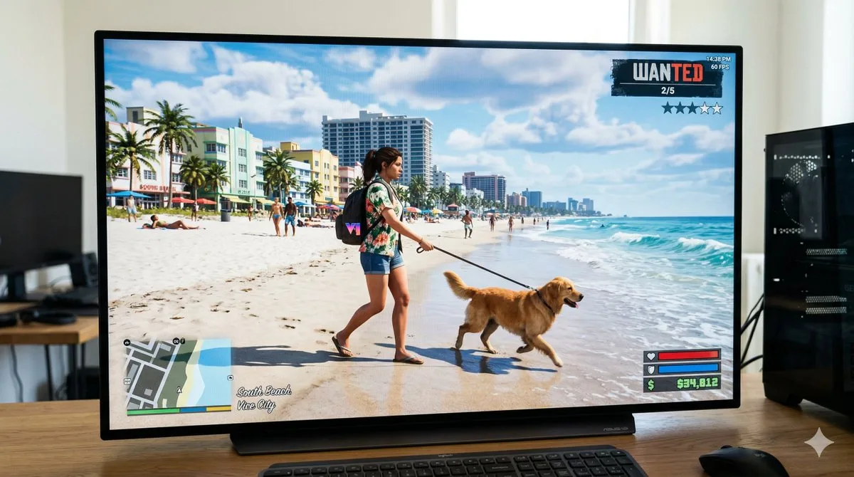 GTA 6 In-Game Footage on 4K Monitor (Editorial)