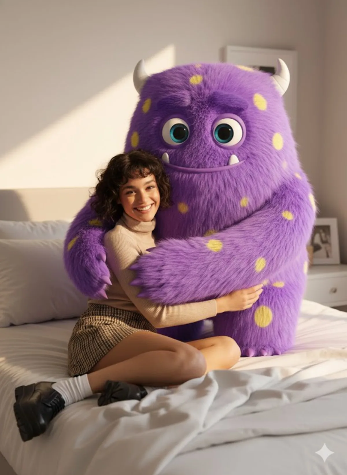 Sitting Beside a Fluffy Giant Cute Cartoon Monster