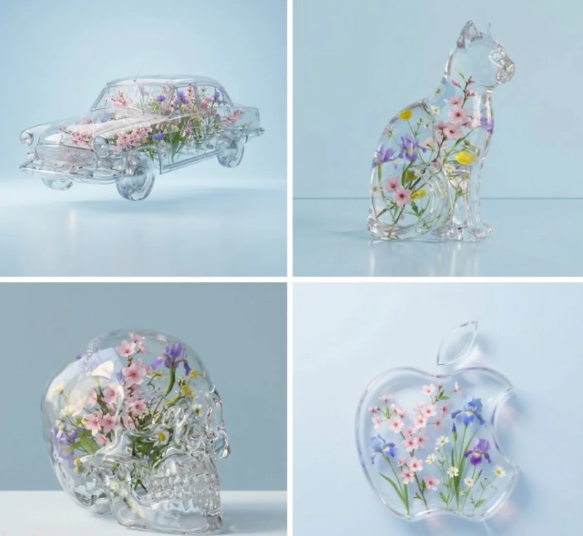 Transparent Object with Spring Flowers: A Stylized Take