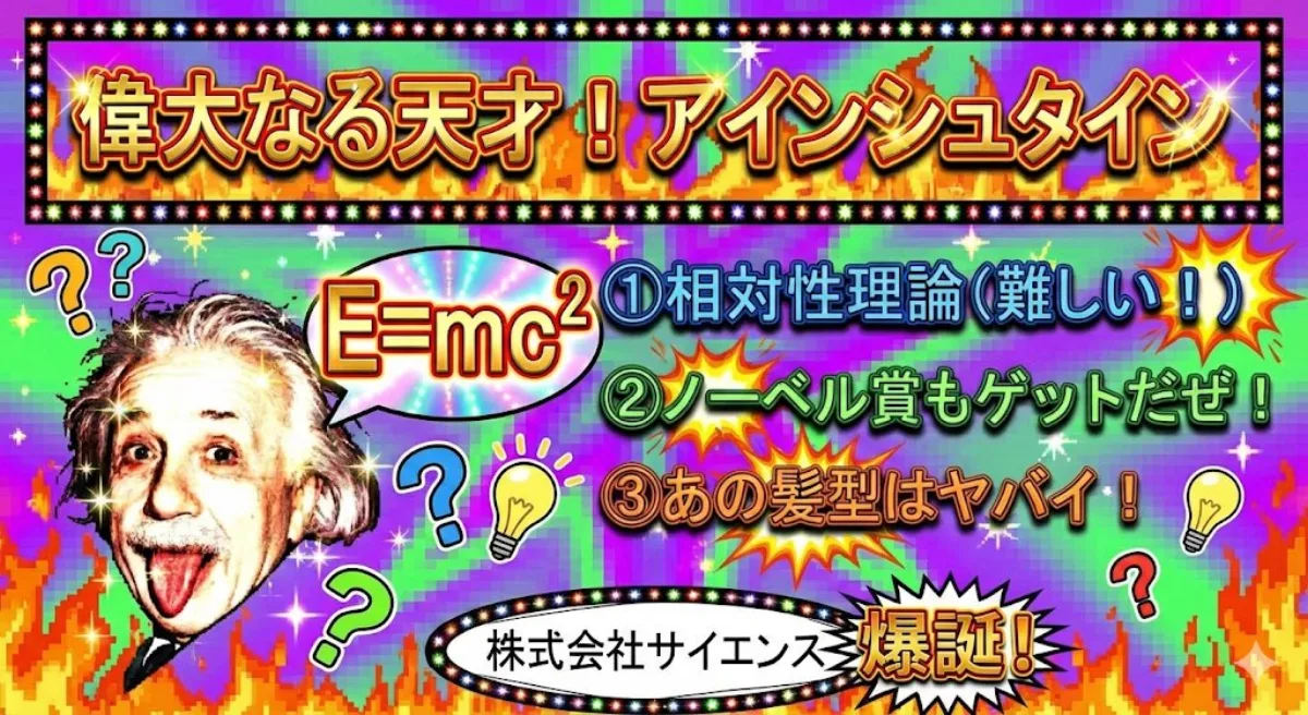 Funny Japanese slide prompt introducing Einstein: A Stylized Take