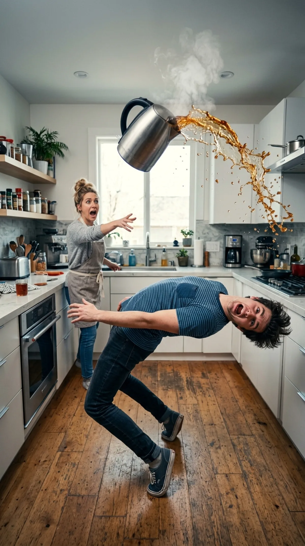 Surreal Kitchen Dodge with Flying Kettle: A Hero Take
