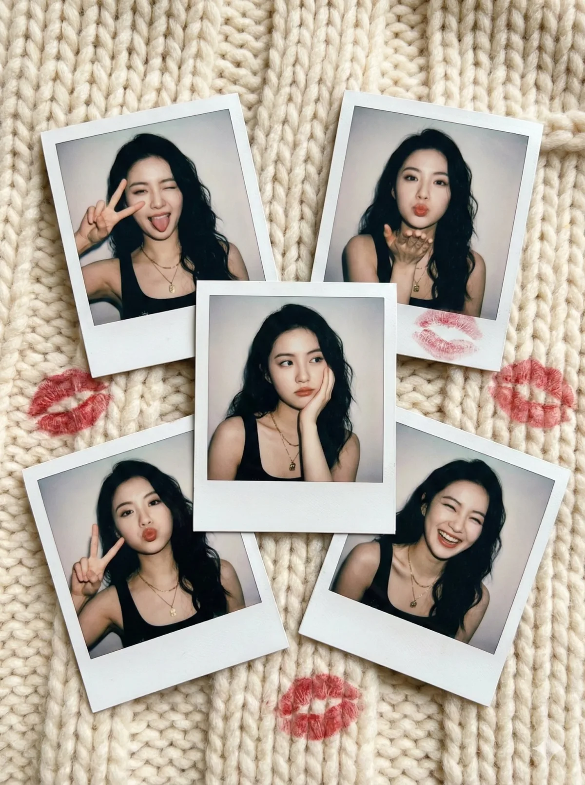 A Studio-Grade Vintage Polaroid Photos of an Asian Woman on a Blanket