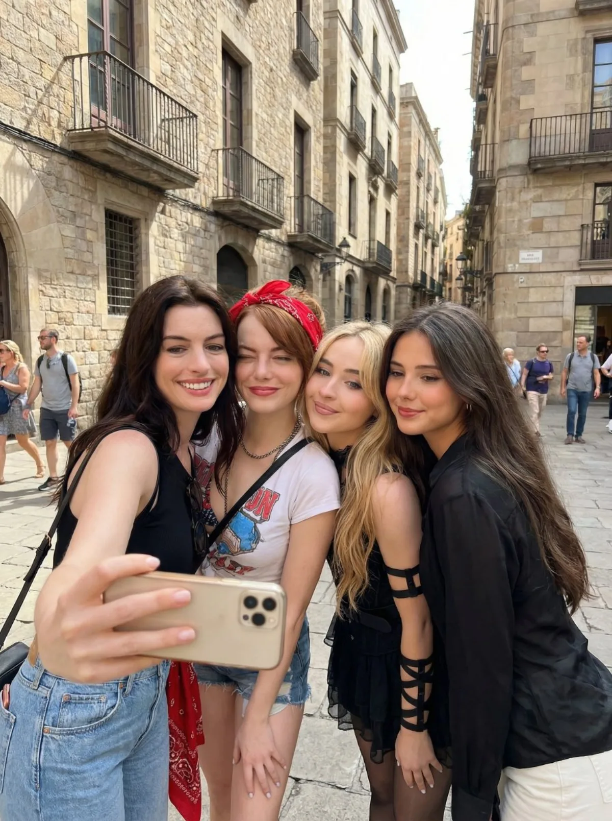Four Young Women Taking a Group Selfie Outdoors (Refined)