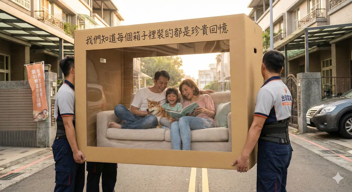 画面呈现一个巨大的紙箱，但箱子側面是透明的，可以看到裡面是一家人在沙发上的溫馨时刻。紙箱被小心地由穿制服的搬運專家(台灣人)搬運。标语：「我們知道每个箱子裡裝的