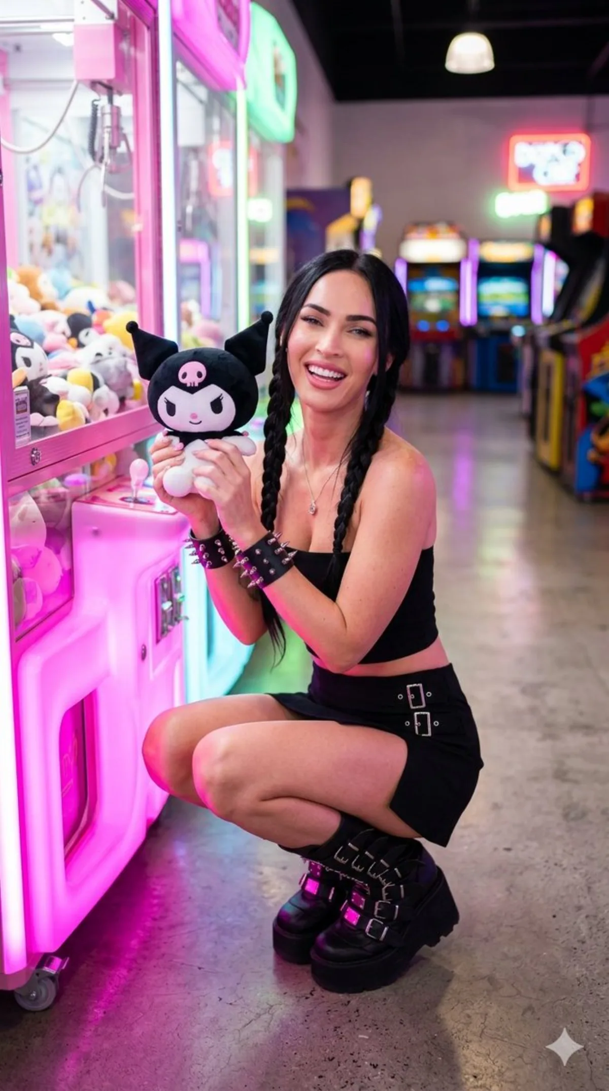 Millie Bobby Brown in Neon Arcade with Kuromi Plushie: A Premium Take