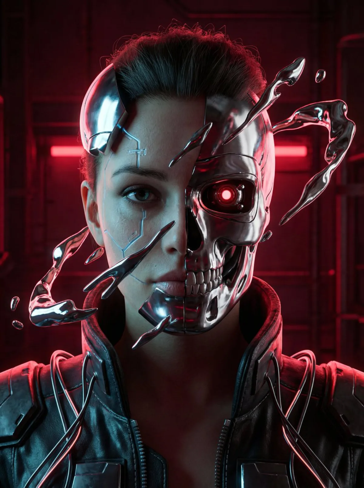 Cyberpunk Portrait: Chrome Skull, Split Face, Liquid Chrome: A Stylized Take