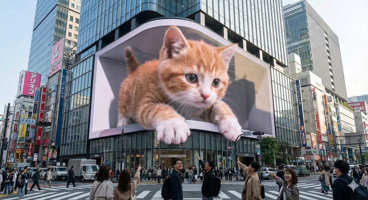 Crafted Naked-Eye 3D Kitten Leaping from City Screen