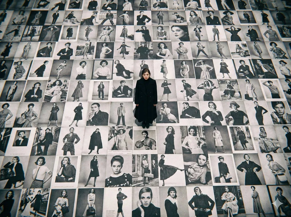 A Editorial Black-Clad Diva Amid Sea of Advertisements