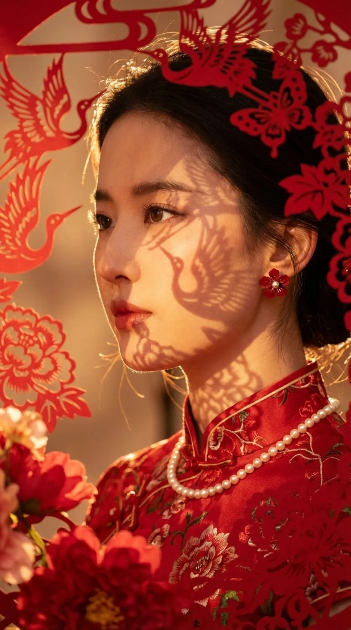 Red Qipao Goddess Side Profile Close-up (Refined)
