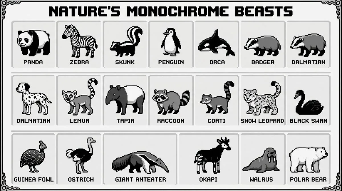 16-bit pixel art poster of black and white animals - Curated Style