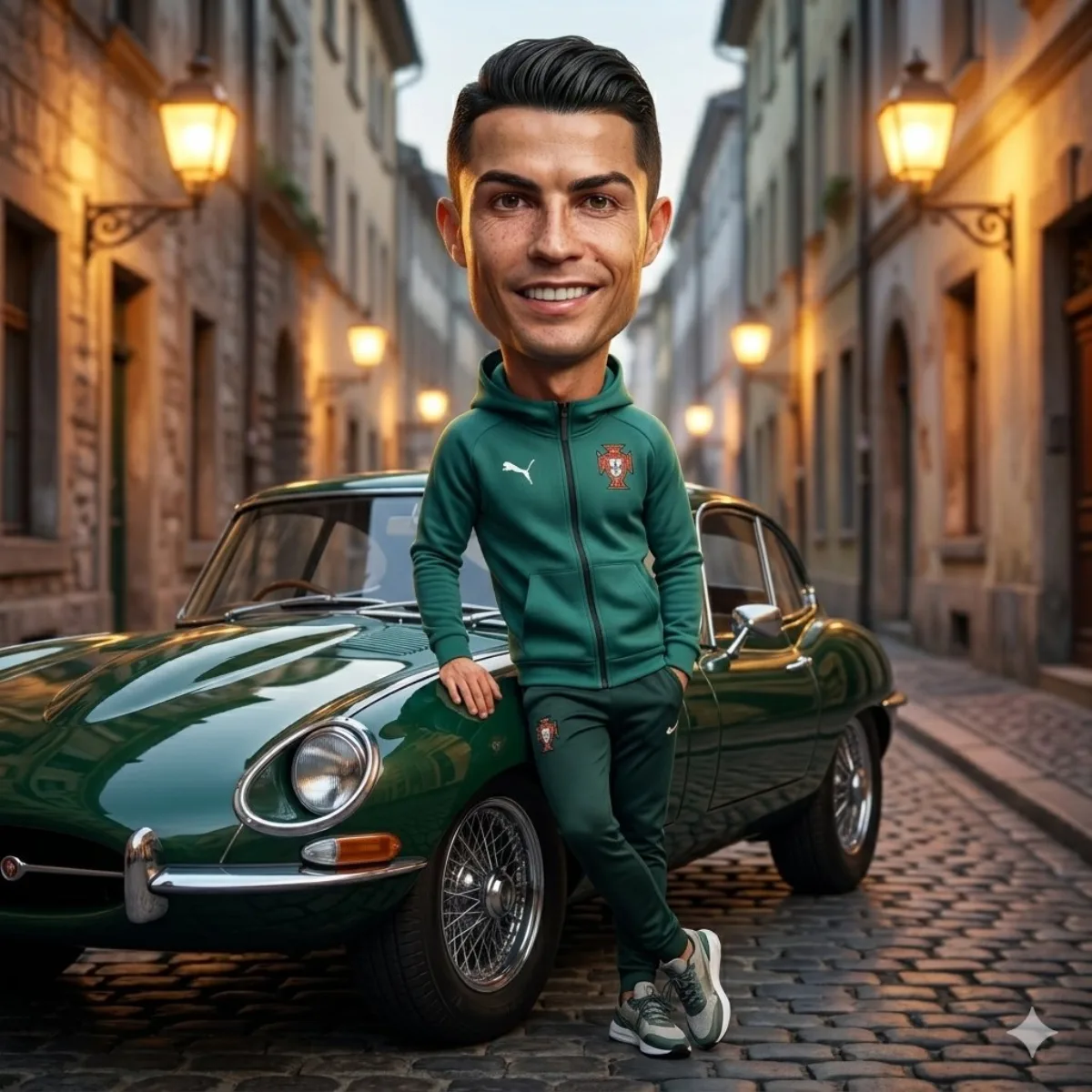 A Refined Caricature with Vintage Car on Cobblestone Street