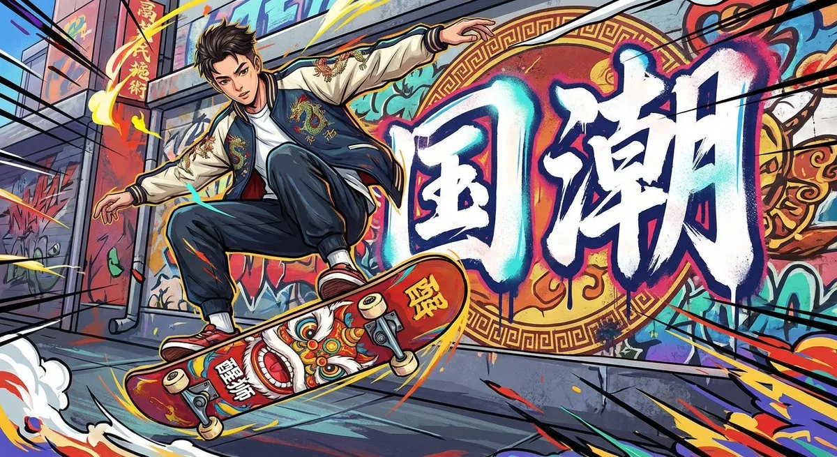 Street-style illustration of a guochao skater