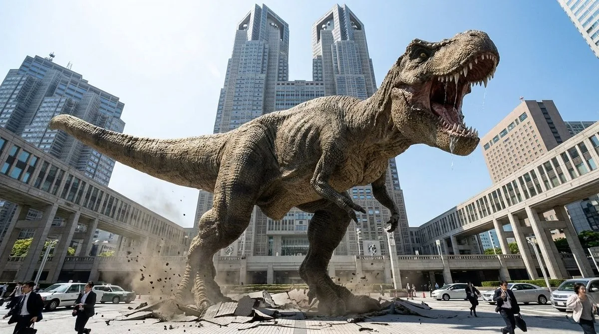 Dinosaur in front of Tokyo Metropolitan Government Building prompt