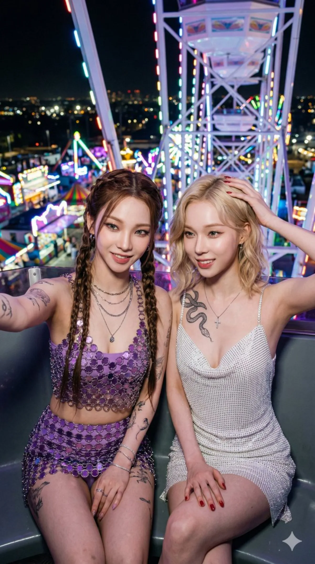 K-Pop 明星在夜间摩天轮上自拍