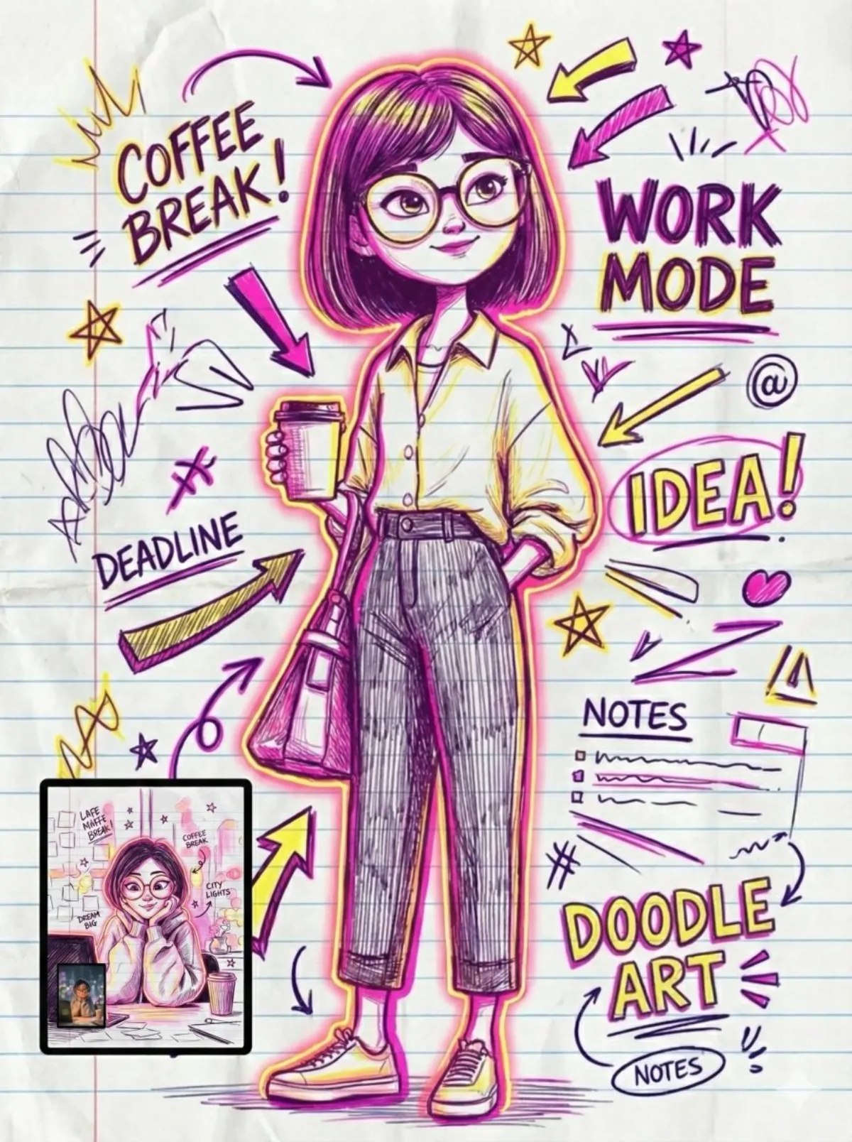 Neon Graffiti Portrait Sketch - Editorial Style