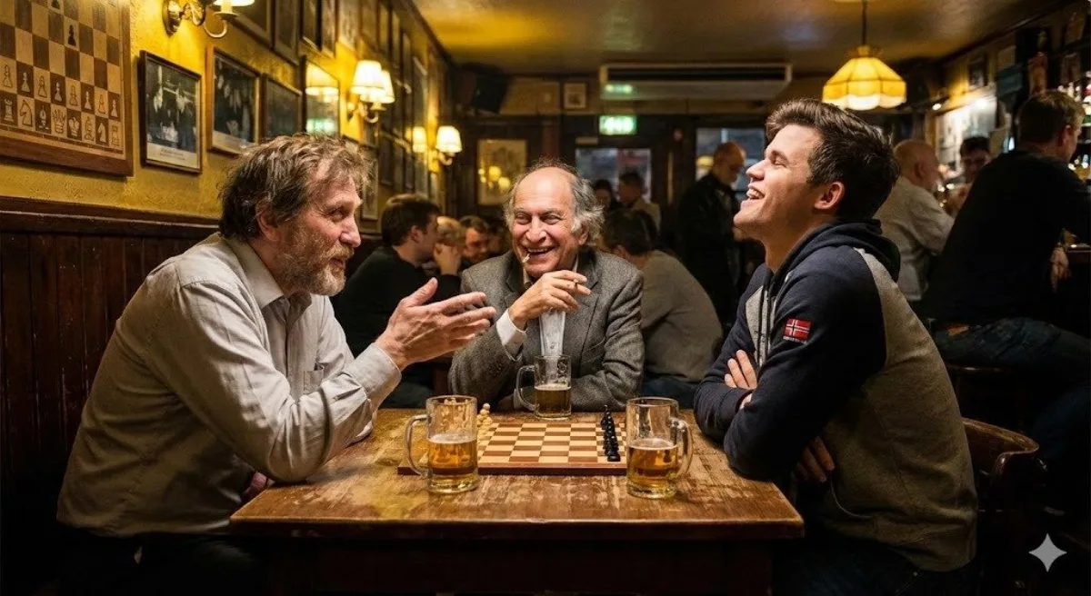 Bar hangout scene with famous chess players