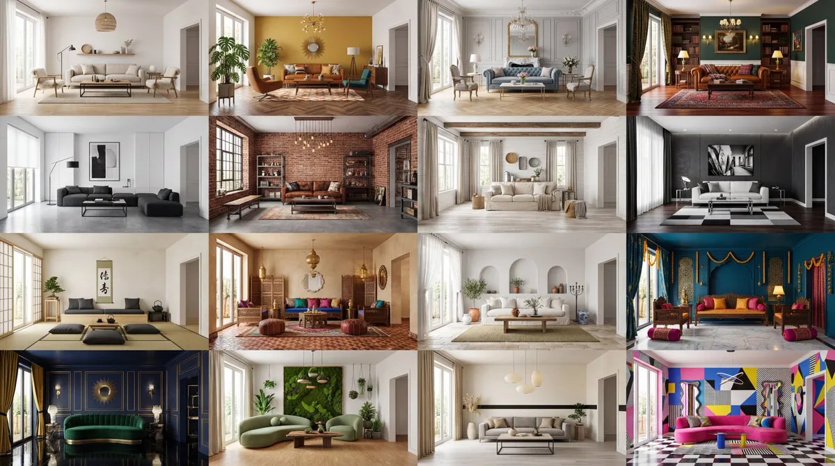 4x4 Grid of 16 Interior Design Styles