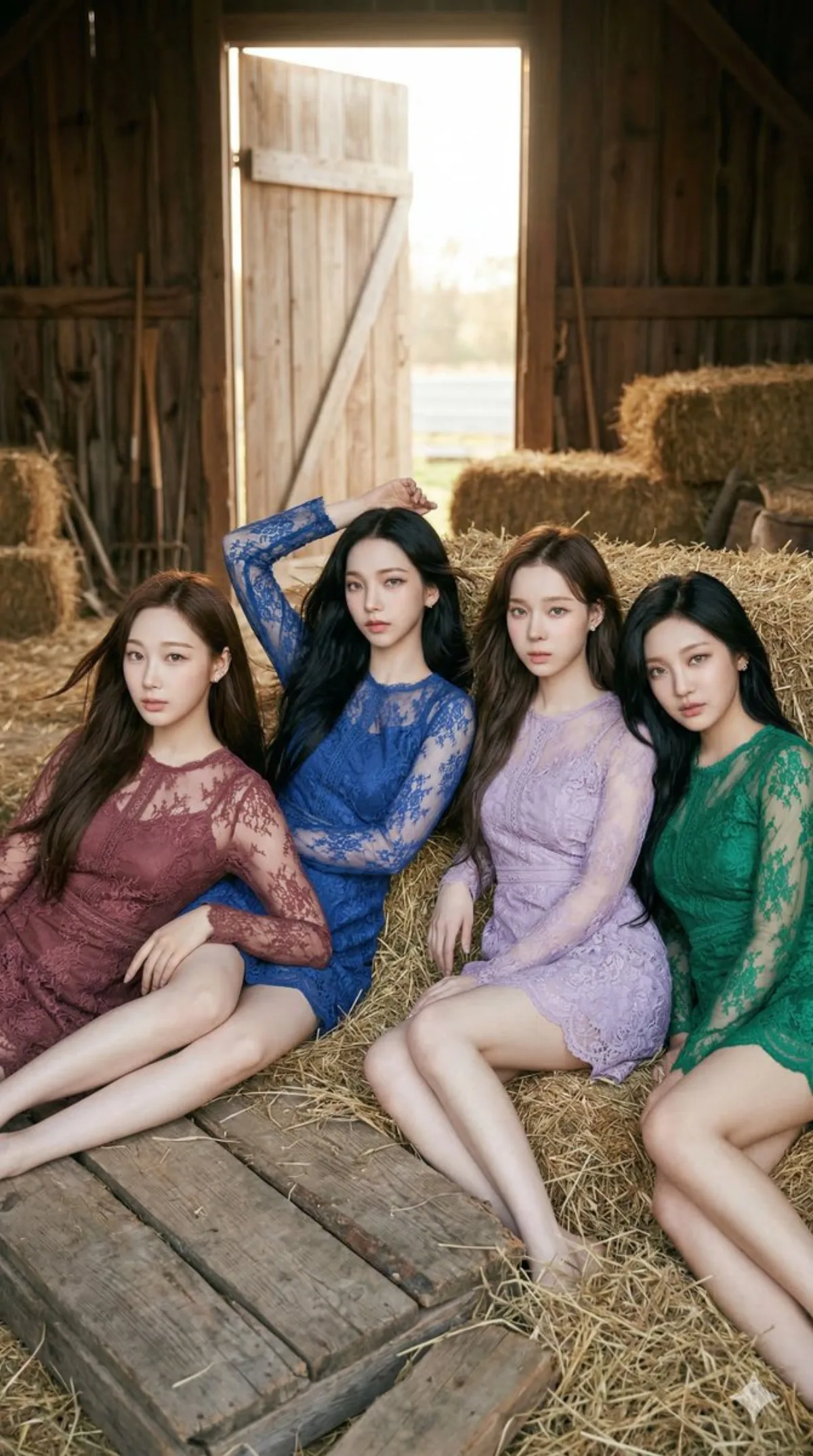 aespa Members in Lace Minidresses in a Rustic Barn