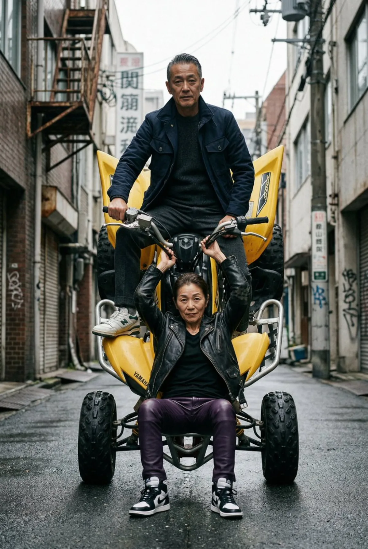 A Crafted Urban Quad Bike Wheelie with Stylish Riders