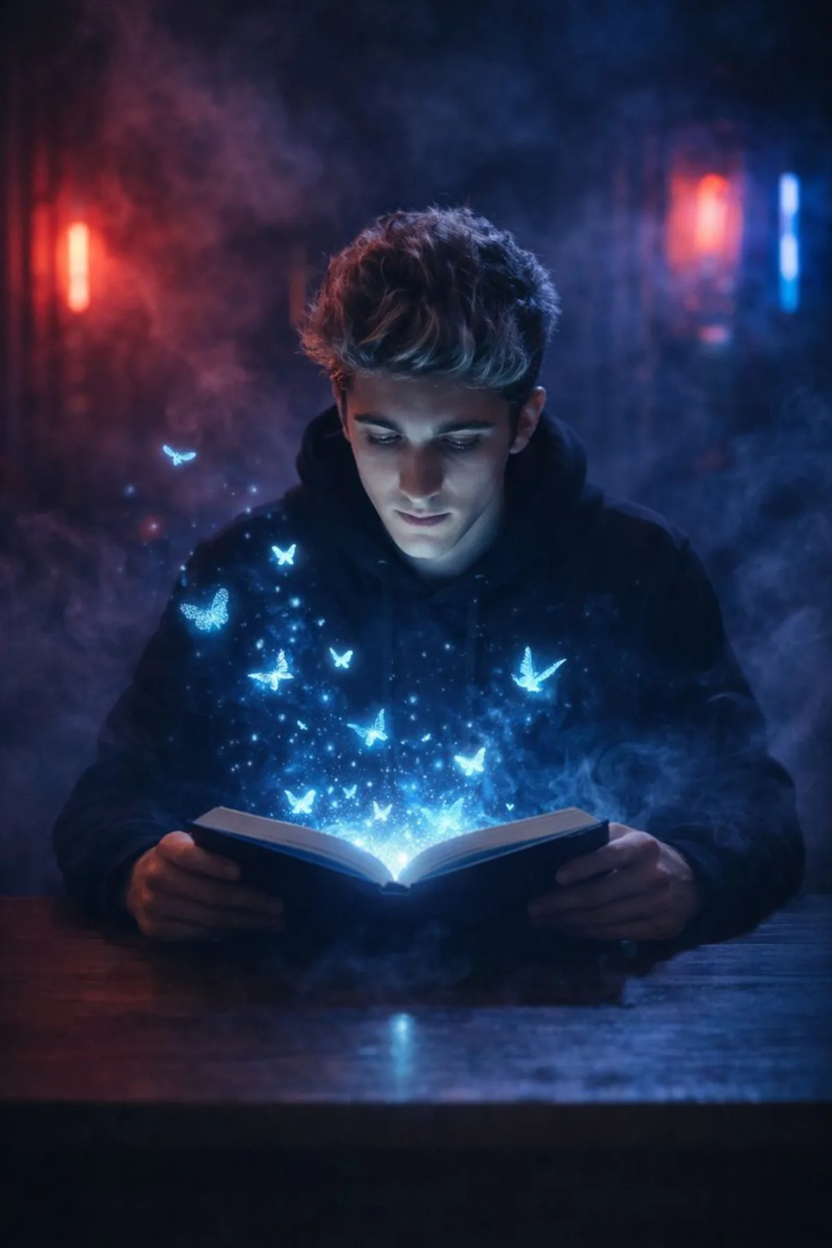 Enchanted Grimoire Realm: Reader in Neon Mist (Modern)