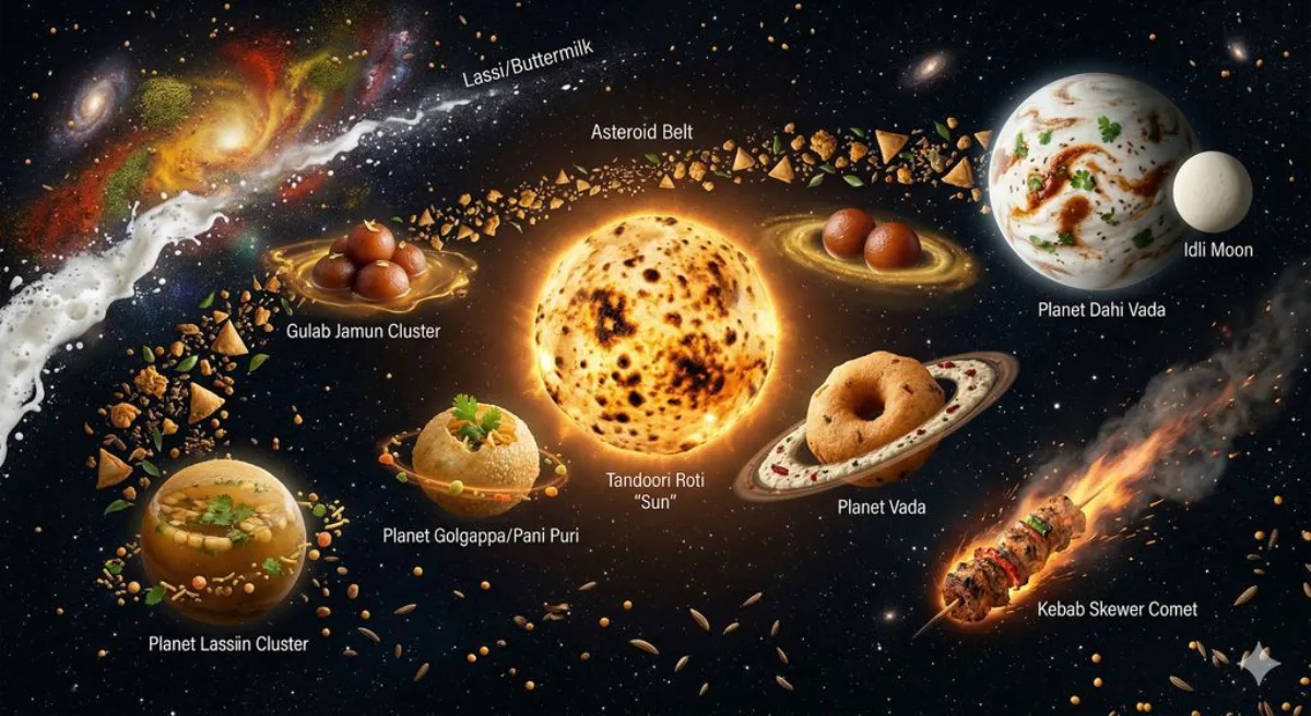 高级感视角下的深空中的印度街头美食太阳系