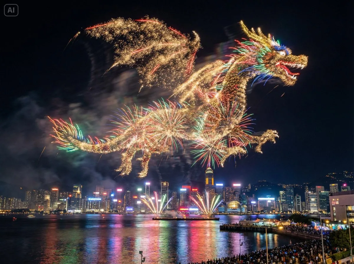 夜空中烟火帆船映衬城市天际线