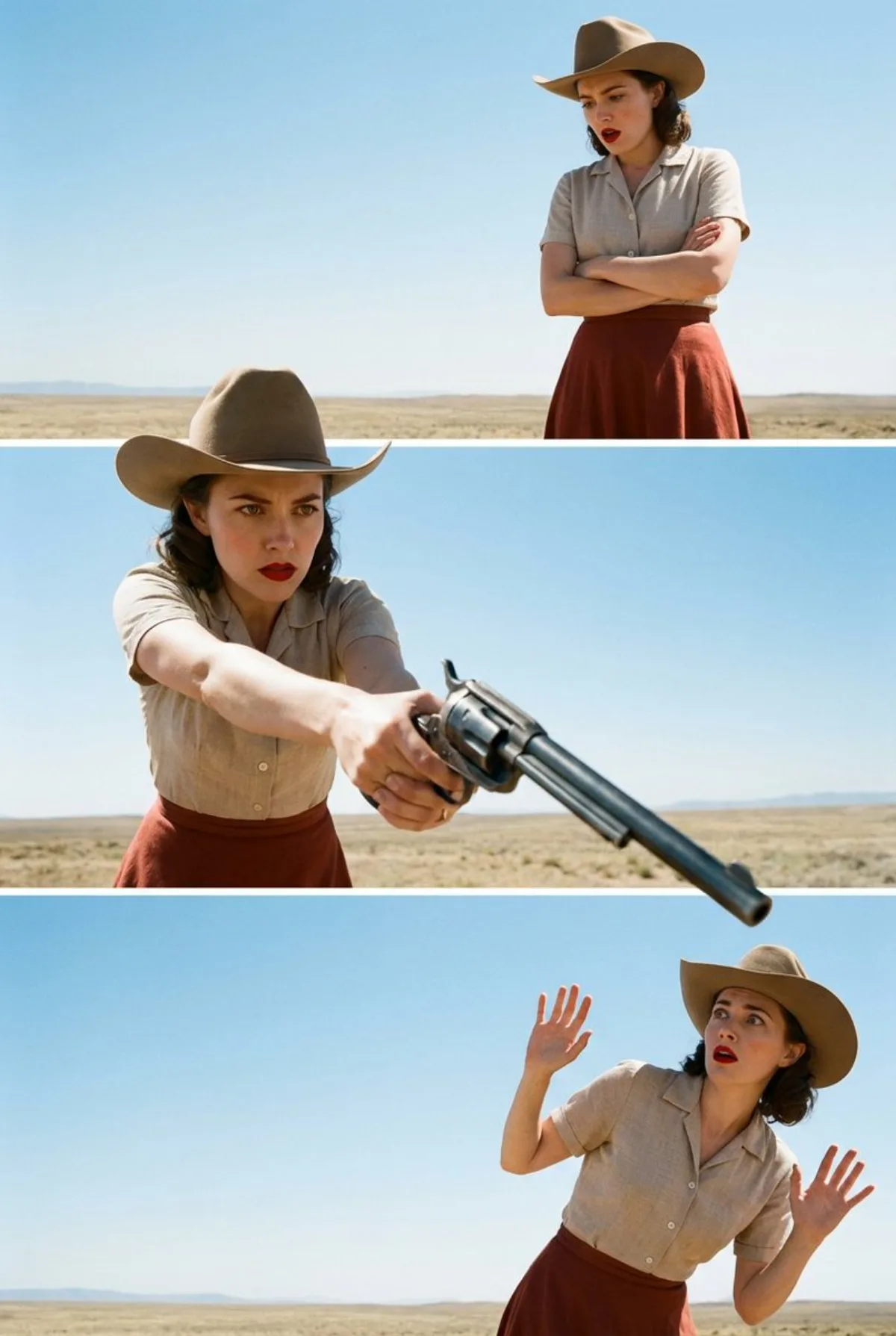 A Stylized Cinematic Triptych: Woman's Confrontation