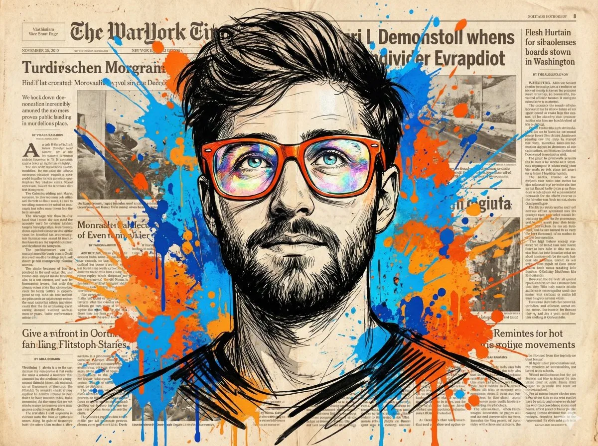 Expressive Portrait with Orange-Red Glasses - Crafted Style