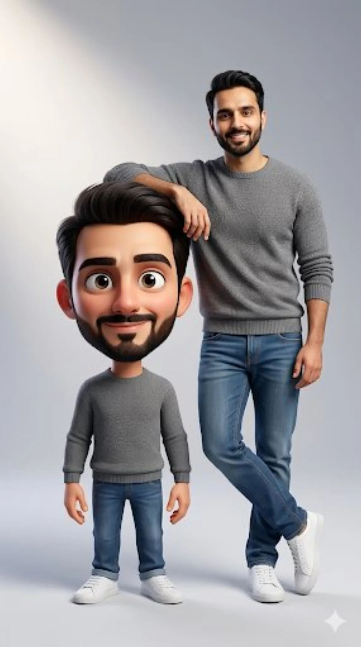 Full-body shot of a person with their caricature