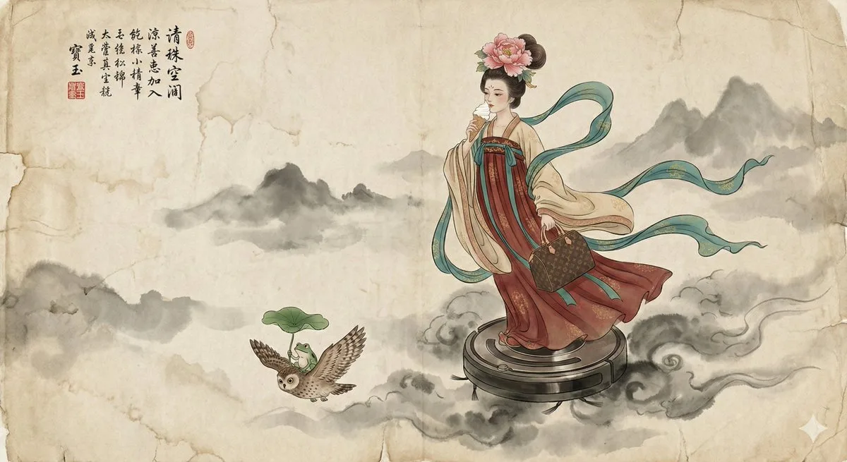 传统的中国工笔水墨画-仙女