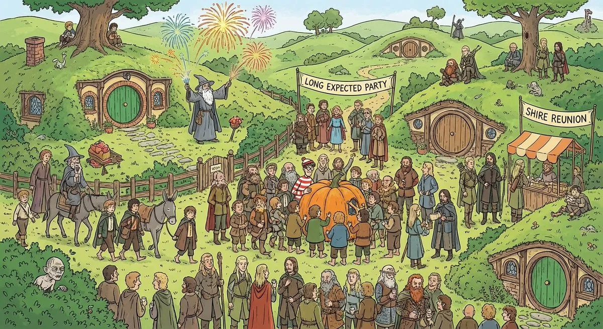 A Refined Where is Waldo LOTR in Shire prompt